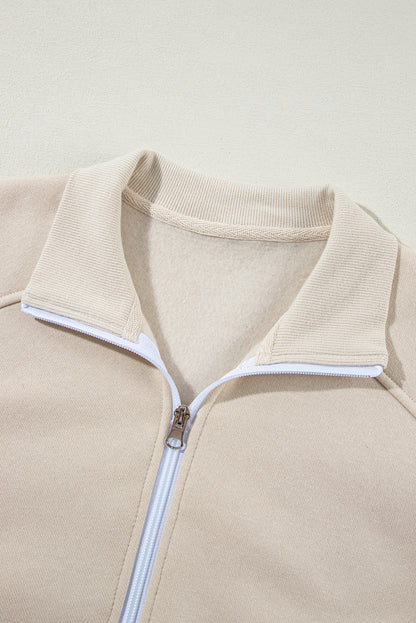 Beige Drop Shoulder Zip Up Jacket Drawstring Pants Active 2pcs Set