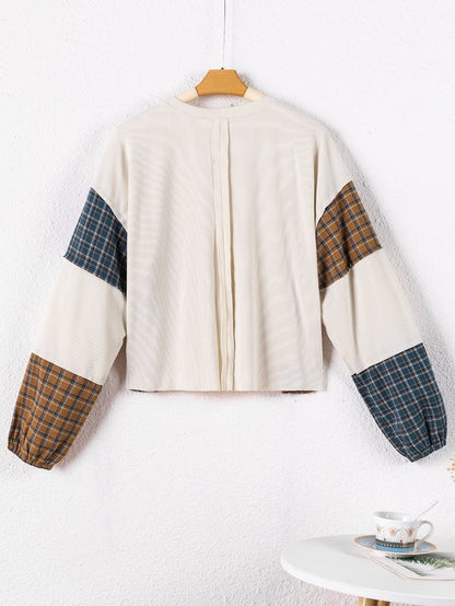 Gray Tartan Patchwork Distressed Long Sleeve Blouse