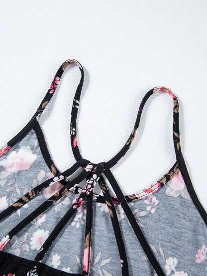 Floral Strappy Racerback Tank Top in Black Plus Size