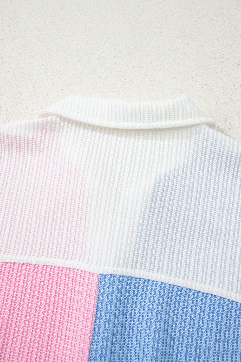 Multicolour Color Block Patchwork Waffle Knit Collar Button Neck Long Sleeve Top