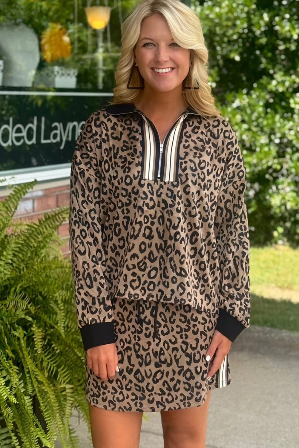 Khaki Leopard Print Quarter Zip Long Sleeve Top Drawstring Mini Skirt Varsity 2pcs Set