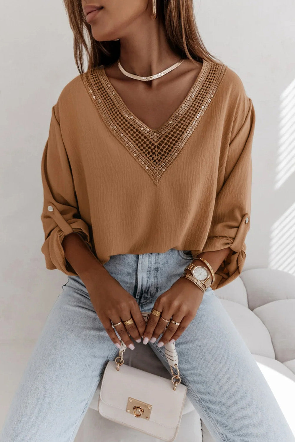 Camel Lace Patchwork V Neck Pinup Sleeve Blouse