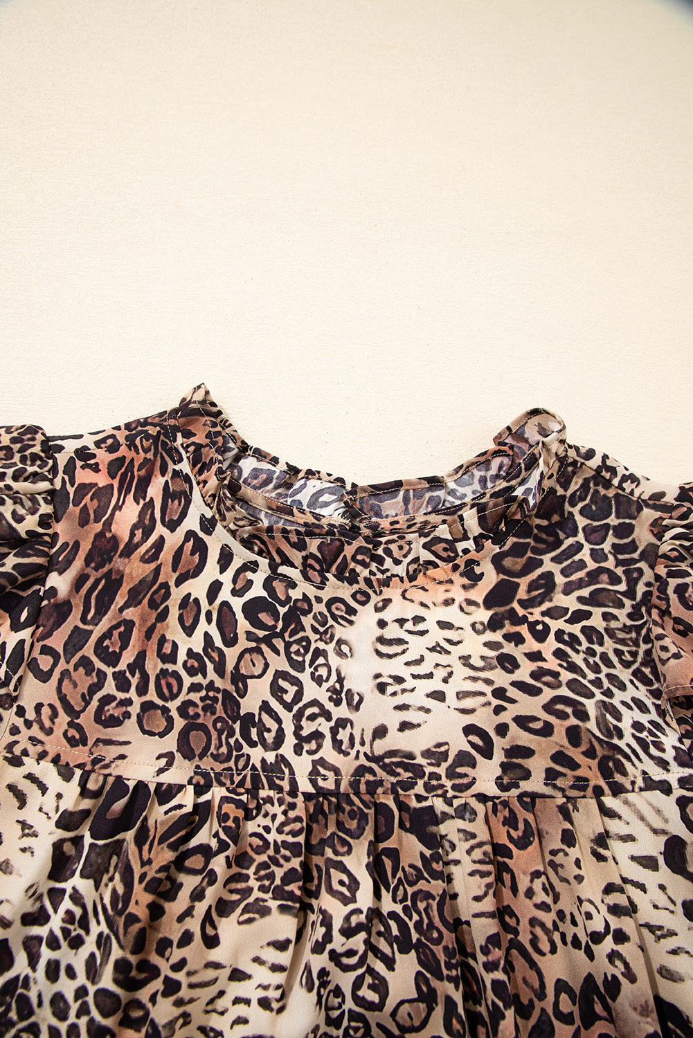 Brown Leopard Ruffled Detail Long Sleeve Loose Mini Dress