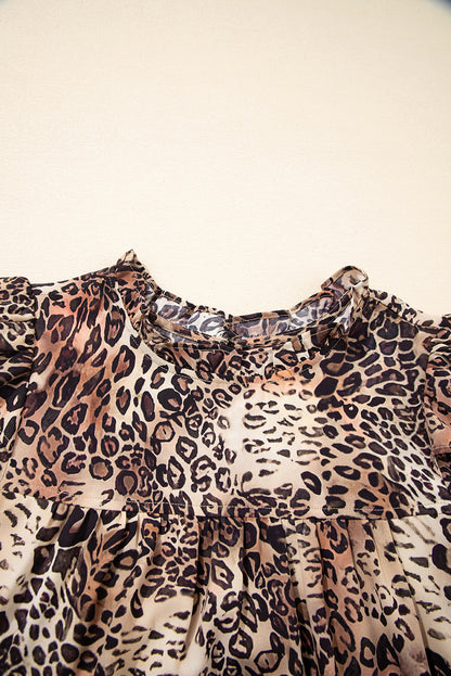 Brown Leopard Ruffled Detail Long Sleeve Loose Mini Dress