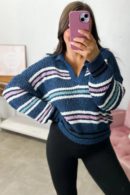 Blue Stripe Knit Polo Collar Baggy Sweater