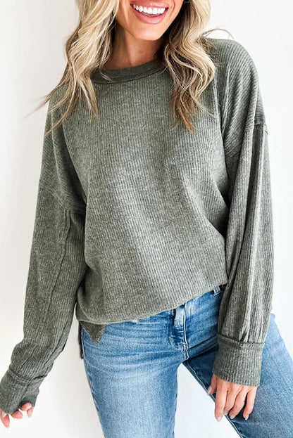 Mist Green Solid Color Ribbed Knit Raw Seam Long Sleeve Top