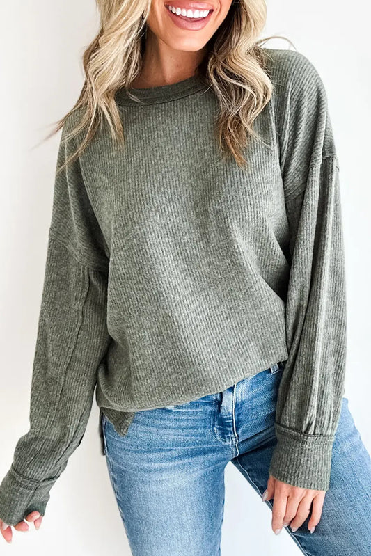 Mist Green Solid Color Ribbed Knit Raw Seam Long Sleeve Top