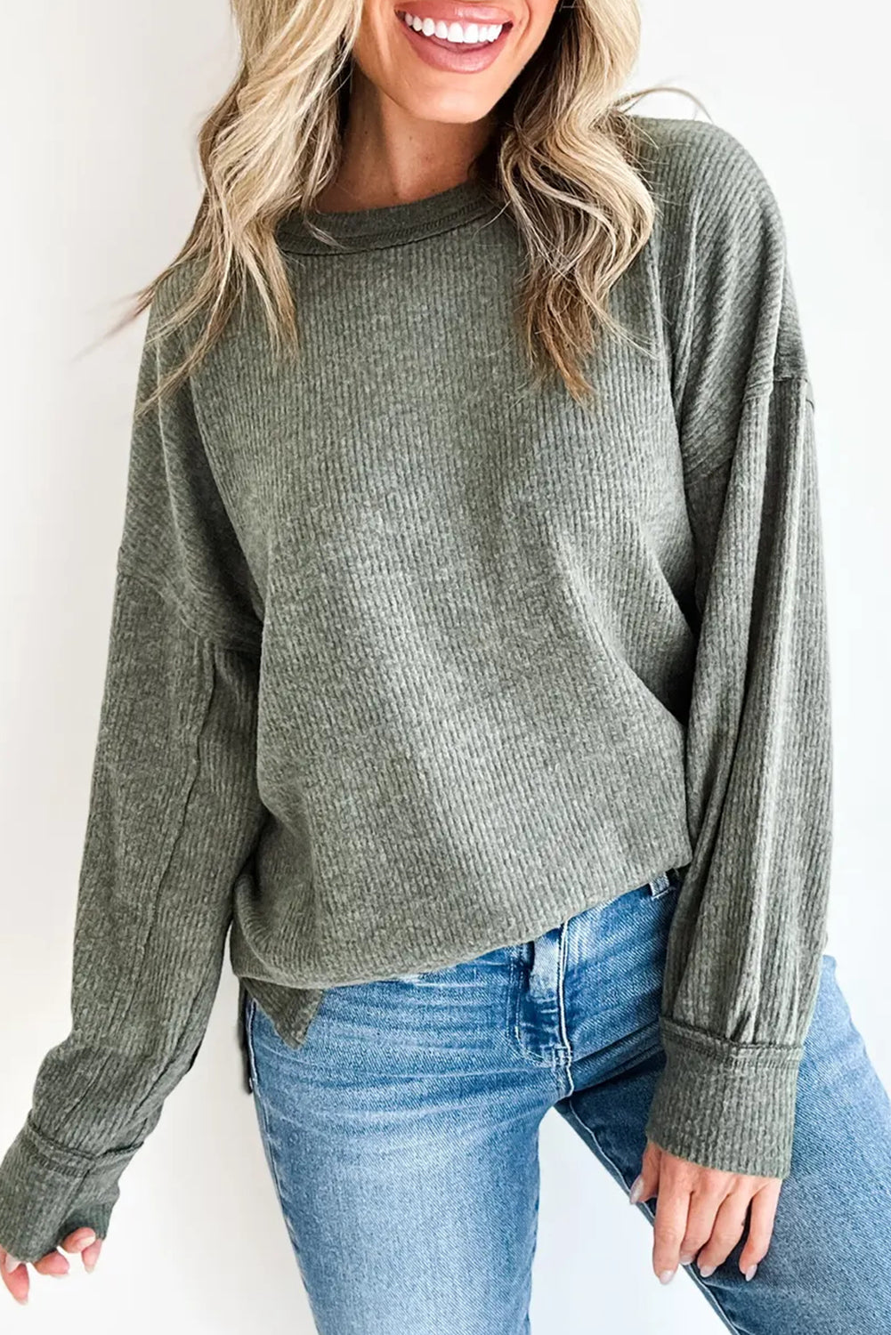 Mist Green Solid Color Ribbed Knit Raw Seam Long Sleeve Top