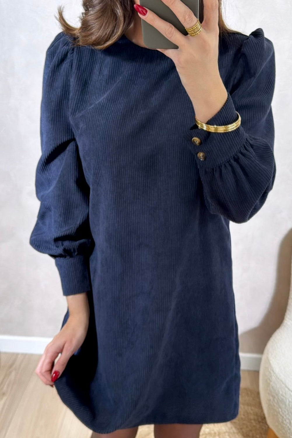 Dirty blue Solid Color Button Cuffed Long Sleeve Corduroy Mini Dress