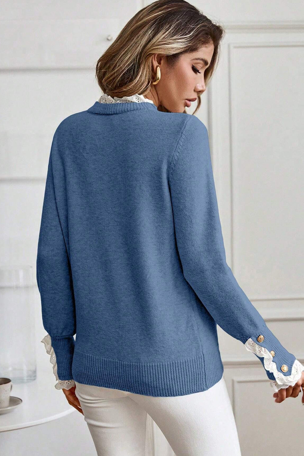 Dusk Blue Lace Trim Patchwork Buttoned Cuffs Loose Sweater