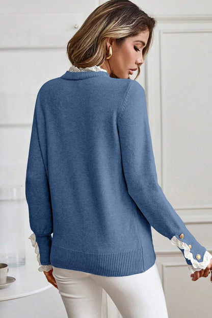 Dusk Blue Lace Trim Patchwork Buttoned Cuffs Loose Sweater