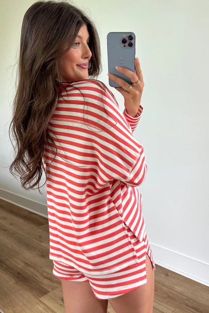 Red Stripe V Neck Long Sleeve Top Side Split Shorts 2pcs Lounge Set