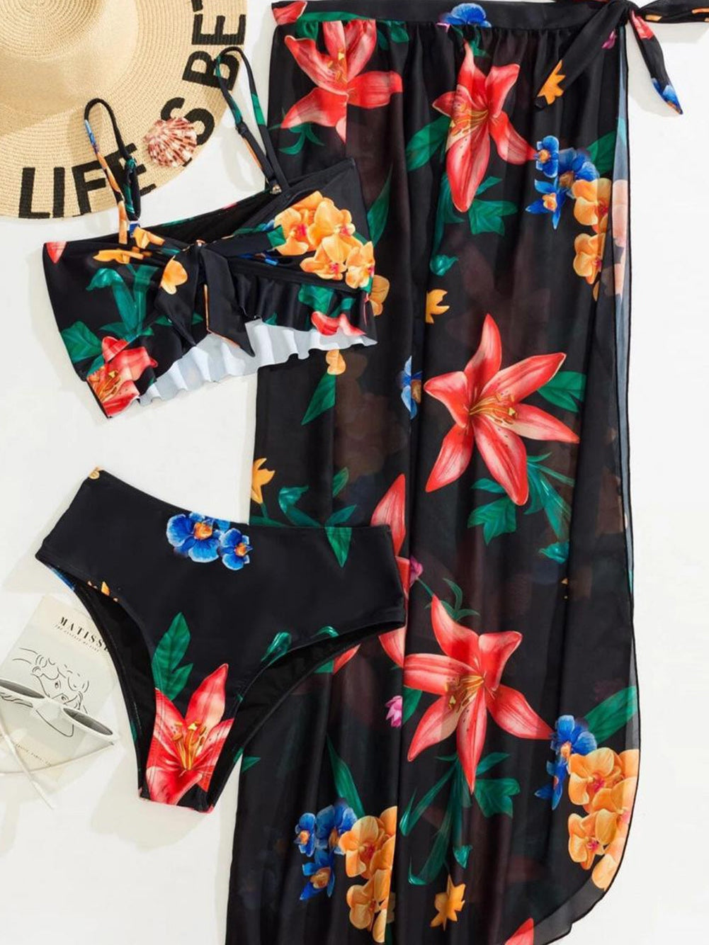 Floral Black Bikini Set with Front Twist and Cover-up