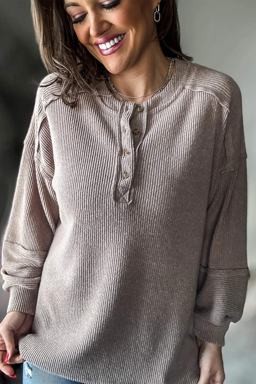 Smoke Gray Brushed Ribbed Knit Exposed Seam Drop Shoulder Henley Top