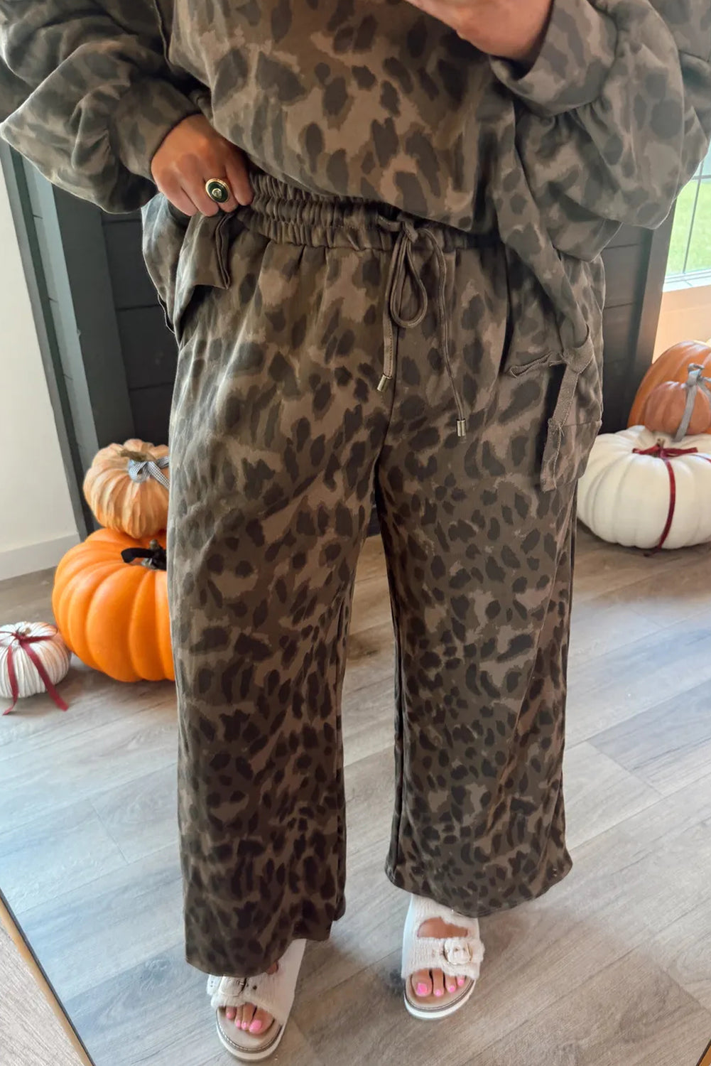 Brown Leopard Print Raw Seam Patchwork Pullover Drawstring Loose Pant Set