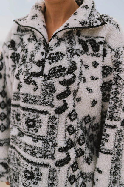 Black Sherpa Quarter Zip Western Print Oversize Sweatshirt