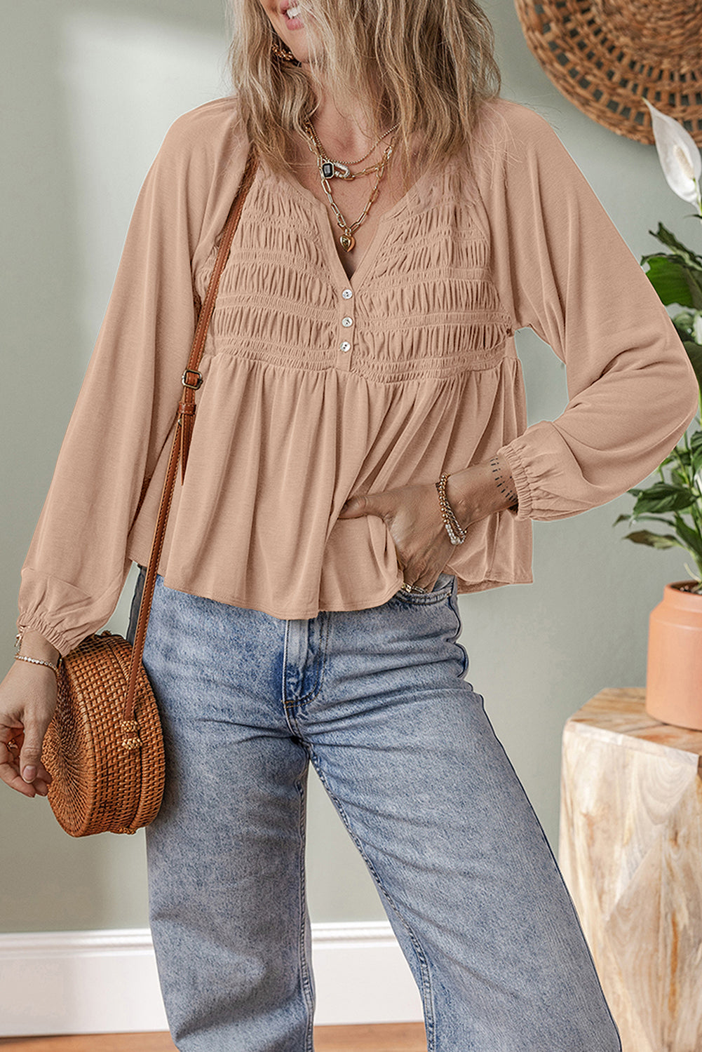 Light French Beige Smocked Bust Buttoned Split V Neck Flow Fit Blouse