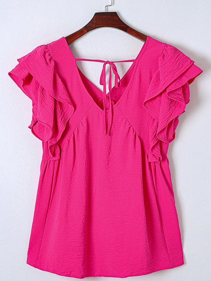 Pretty in Pink V-Neck Ruffle Tunic Top with Tie Back