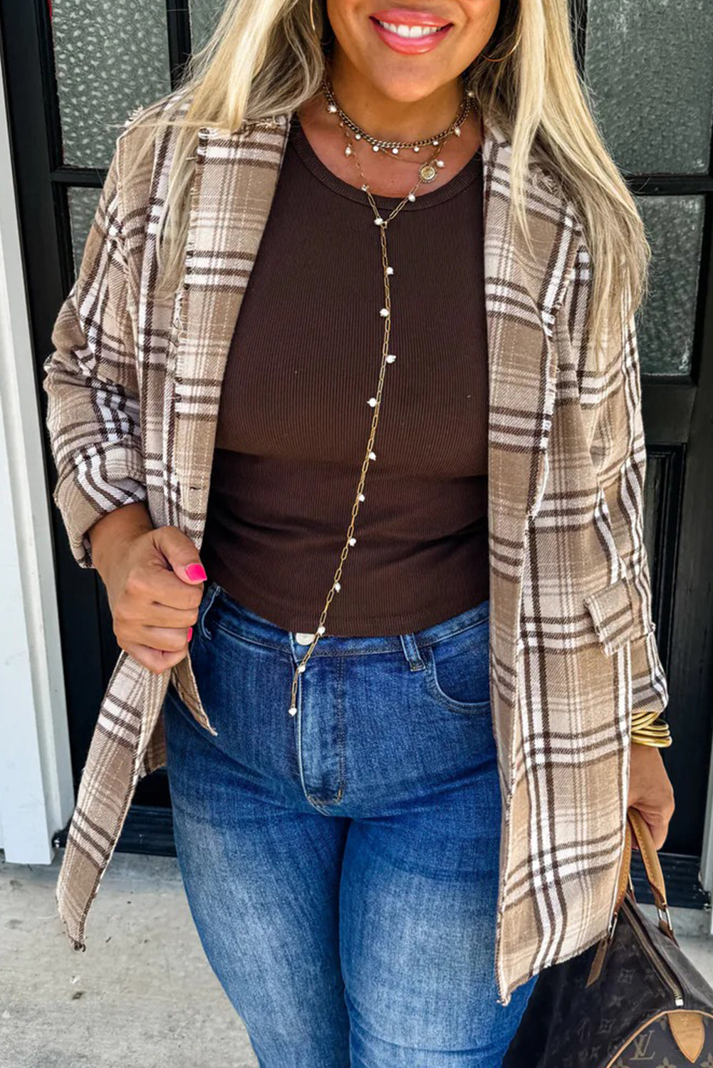 Khaki Raw Edge Plaid Open Front Shacket