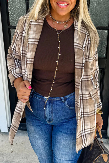 Khaki Raw Edge Plaid Open Front Shacket