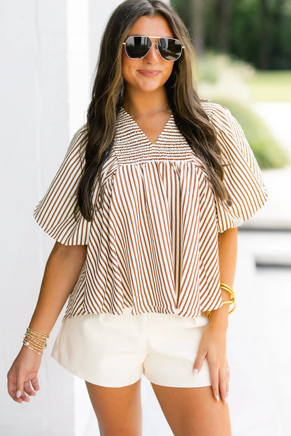 Brown Stripe Shirred V Neck Short Puff Sleeve Blouse