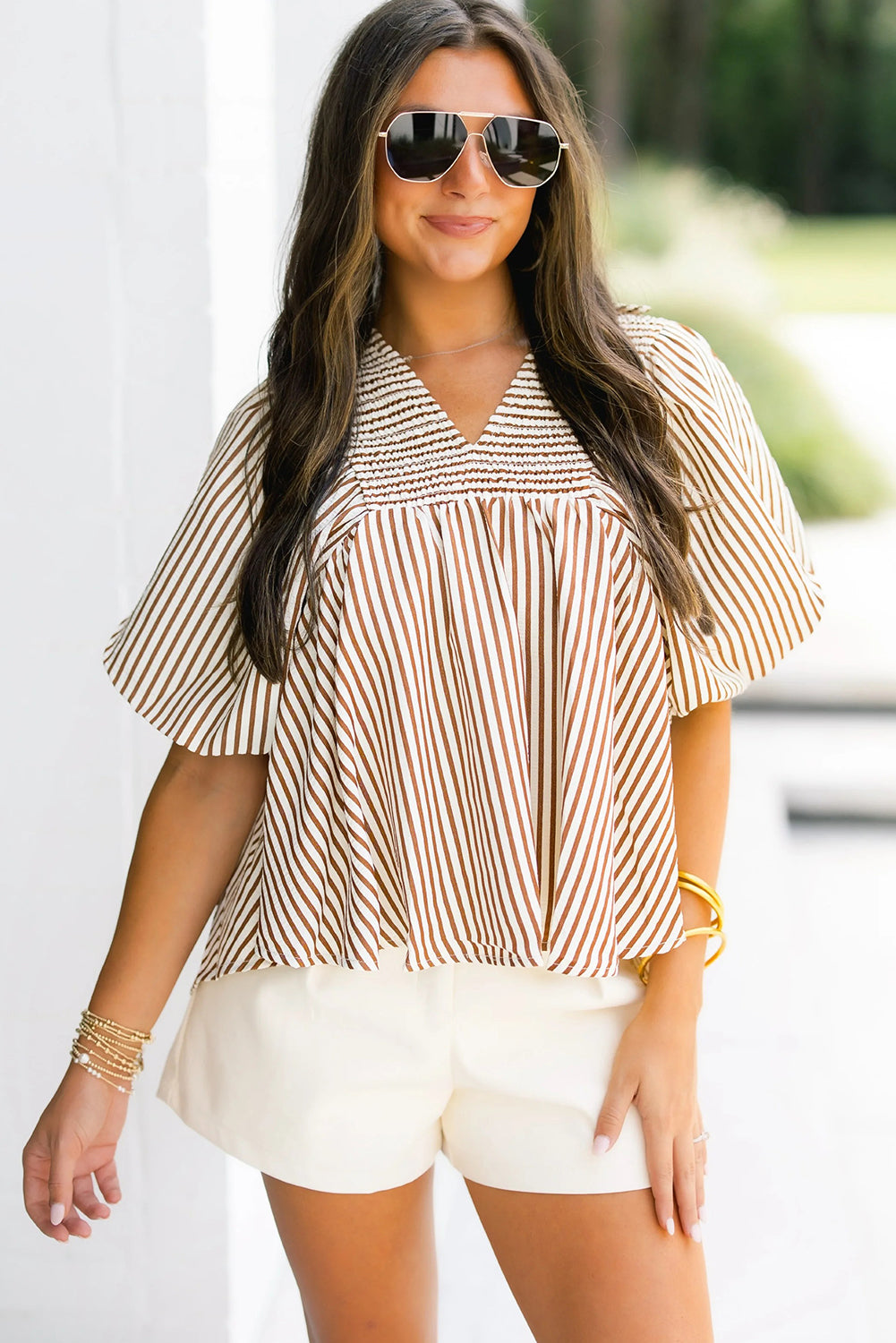 Brown Stripe Shirred V Neck Short Puff Sleeve Blouse