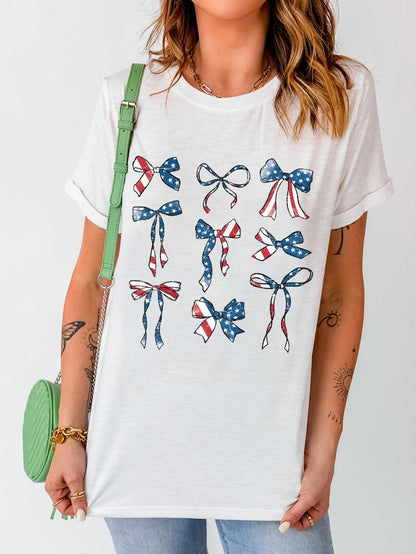 American Flag Print Bowknot Graphic Tee in White