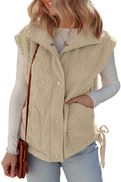 Beige Faux Fur Snap Button Front Knot Side Plush Vest with Pockets