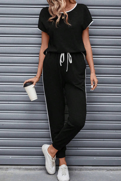 Black Contrast Trim Cozy Lounge Set with Drawstring Joggers