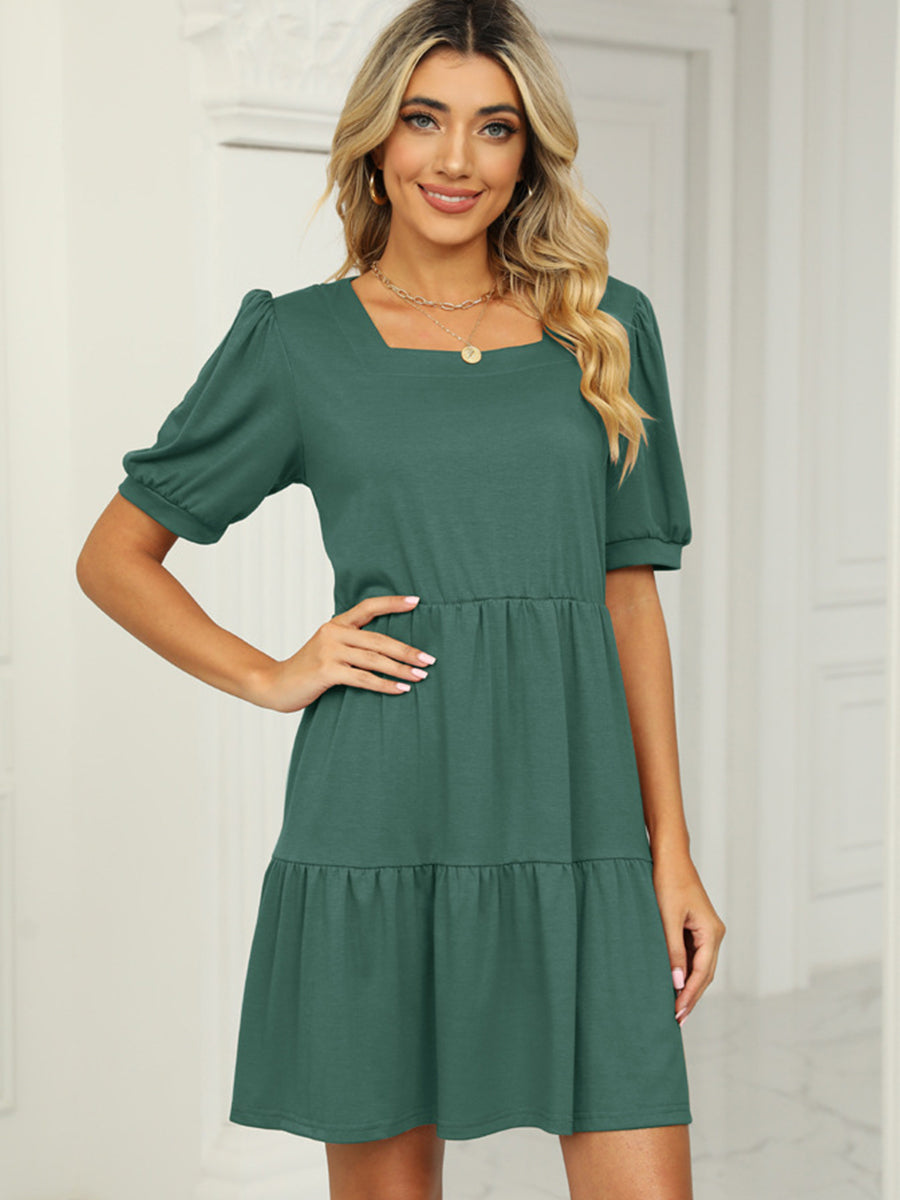 Mini Dresses - Solid Color Square Neck Short Sleeve Loose Stitching Mini Dress - MsDressly