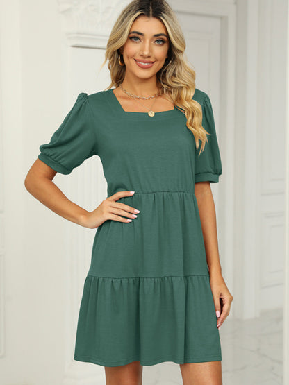 Solid Color Square Neck Short Sleeve Loose Stitching Mini Dress