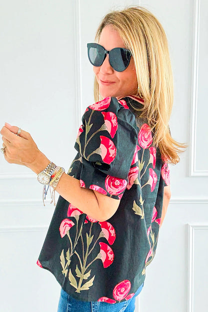 Black Floral Print Short Puff Sleeve Contrasted Striped V Neck Blouse