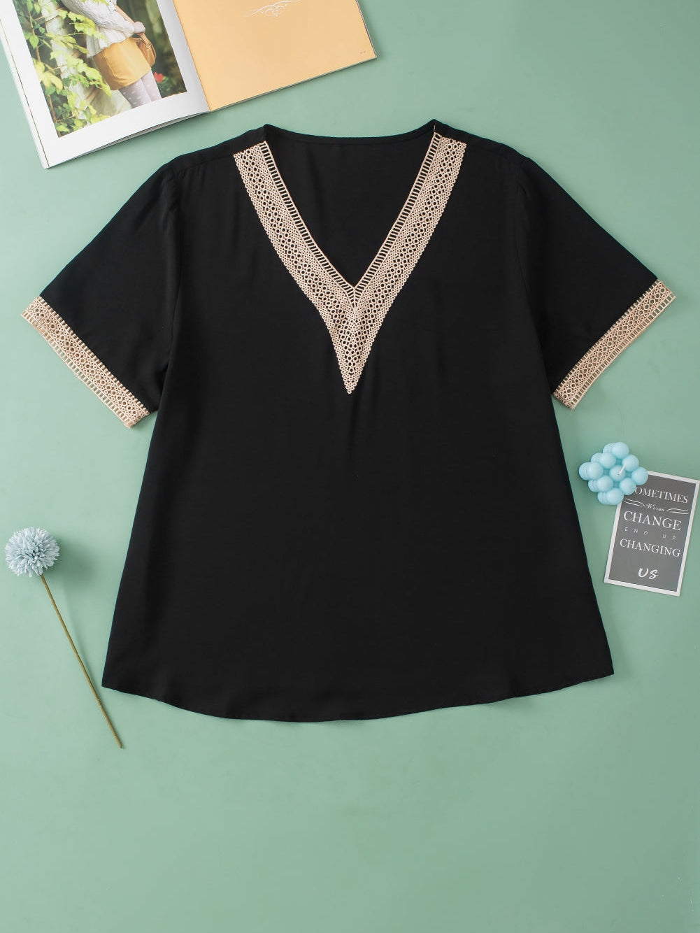 Black Lace Trim Short Sleeve V Neck Plus Size Top