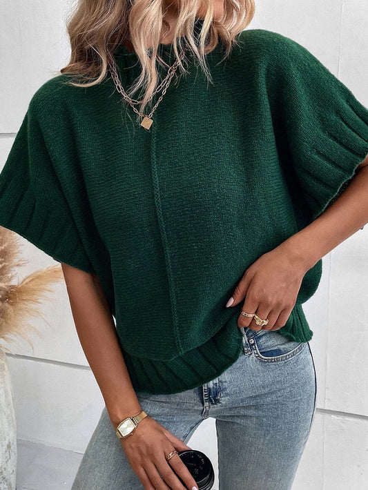 Elegant Blackish Green Batwing Knit Sweater with Mock Neck