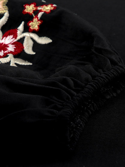 Elegant Floral Embroidered Black Top