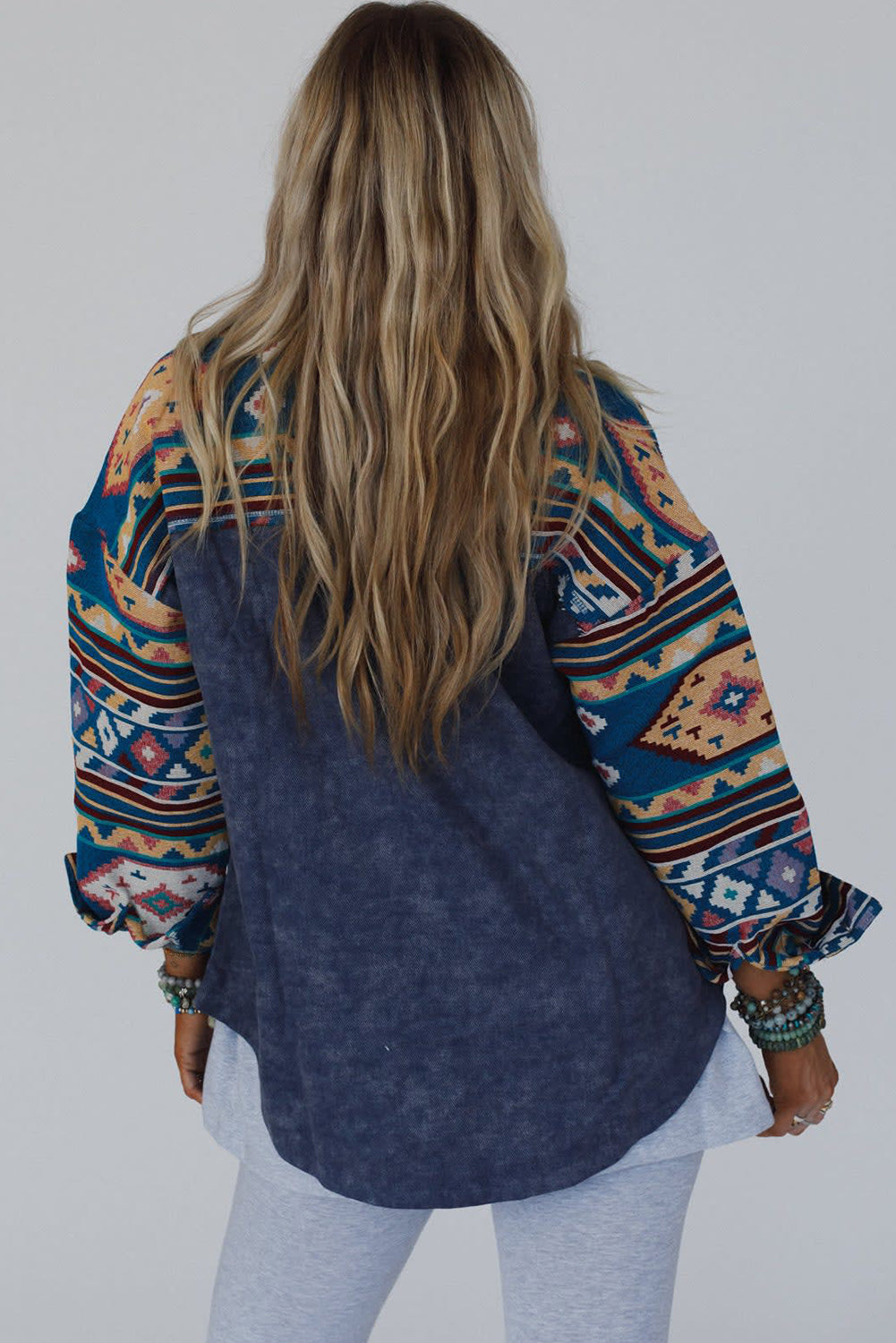 Dirty blue Aztec Print Patchwork Button Down Corduroy Shacket