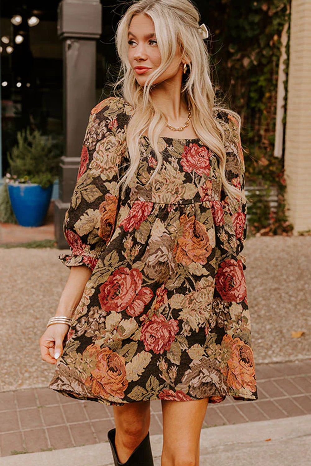 Brown Floral Jacquard Knit Square Neck 3/4 Puff Sleeve Loose Mini Dress