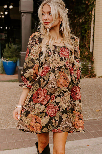 Brown Floral Jacquard Knit Square Neck 3/4 Puff Sleeve Loose Mini Dress