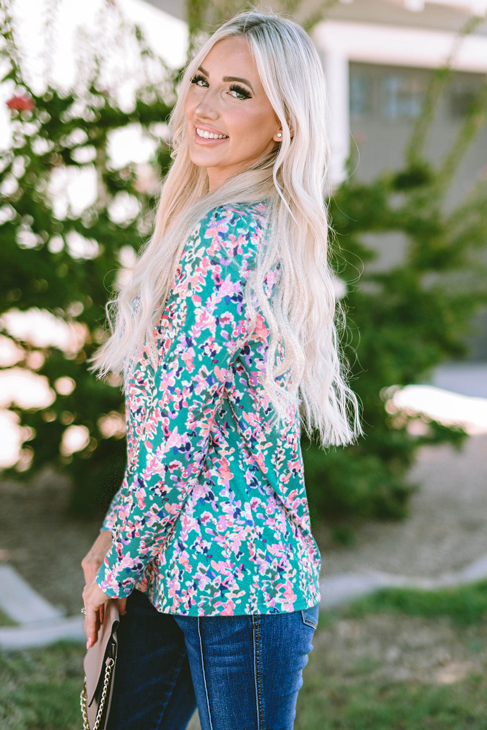 Green Floral Pleated Round Neck Long Sleeve Blouse - Southern Belle Style Shift Top