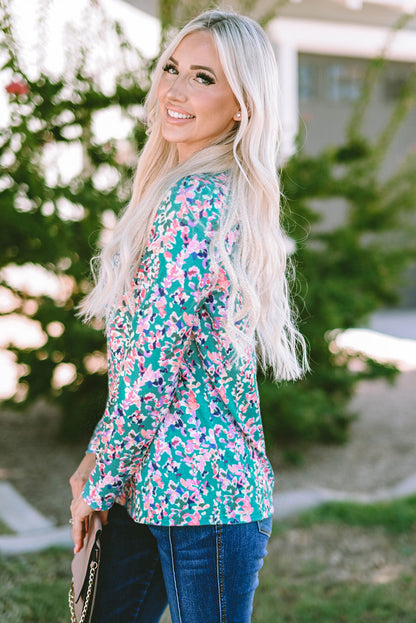 Green Floral Pleated Round Neck Long Sleeve Blouse - Southern Belle Style Shift Top