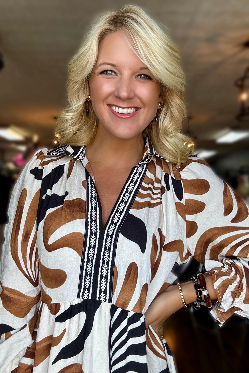 Brown Tropical Printed Contrast Trim Neck Long Sleeve Ruffle Hem Dress