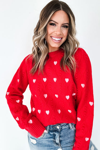 Fiery Red Contrast Heart Print Rhombus Knit Casual Sweater