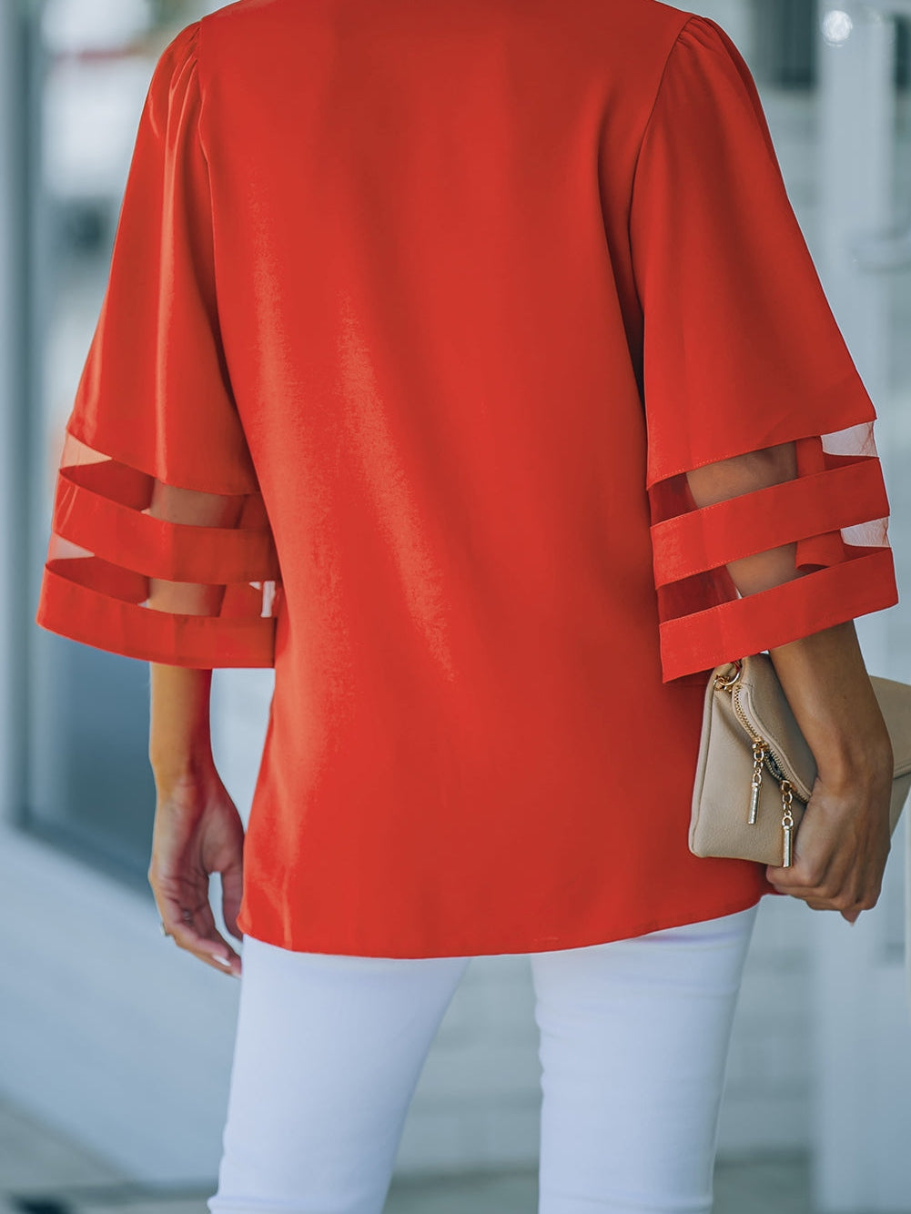Fiery Crimson V Neck Blouse with Flare Sleeves