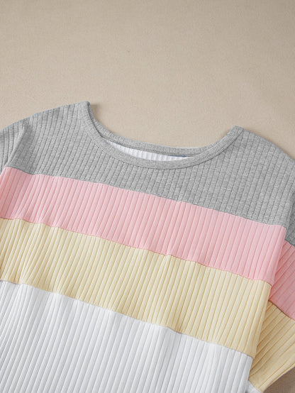 Trendy White Colorblock Patchwork Batwing Sleeve Ribbed Plus T-Shirt