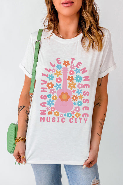 Floral Guitar Harmony Graphic Tee with Nashville Vibes
