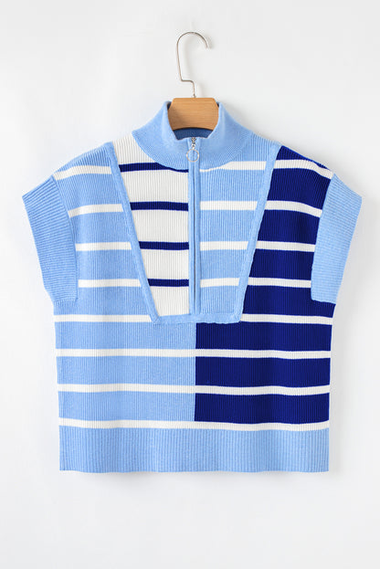 Sky Blue Stripe Colorblock Quarter Zip Collar Sweater Vest