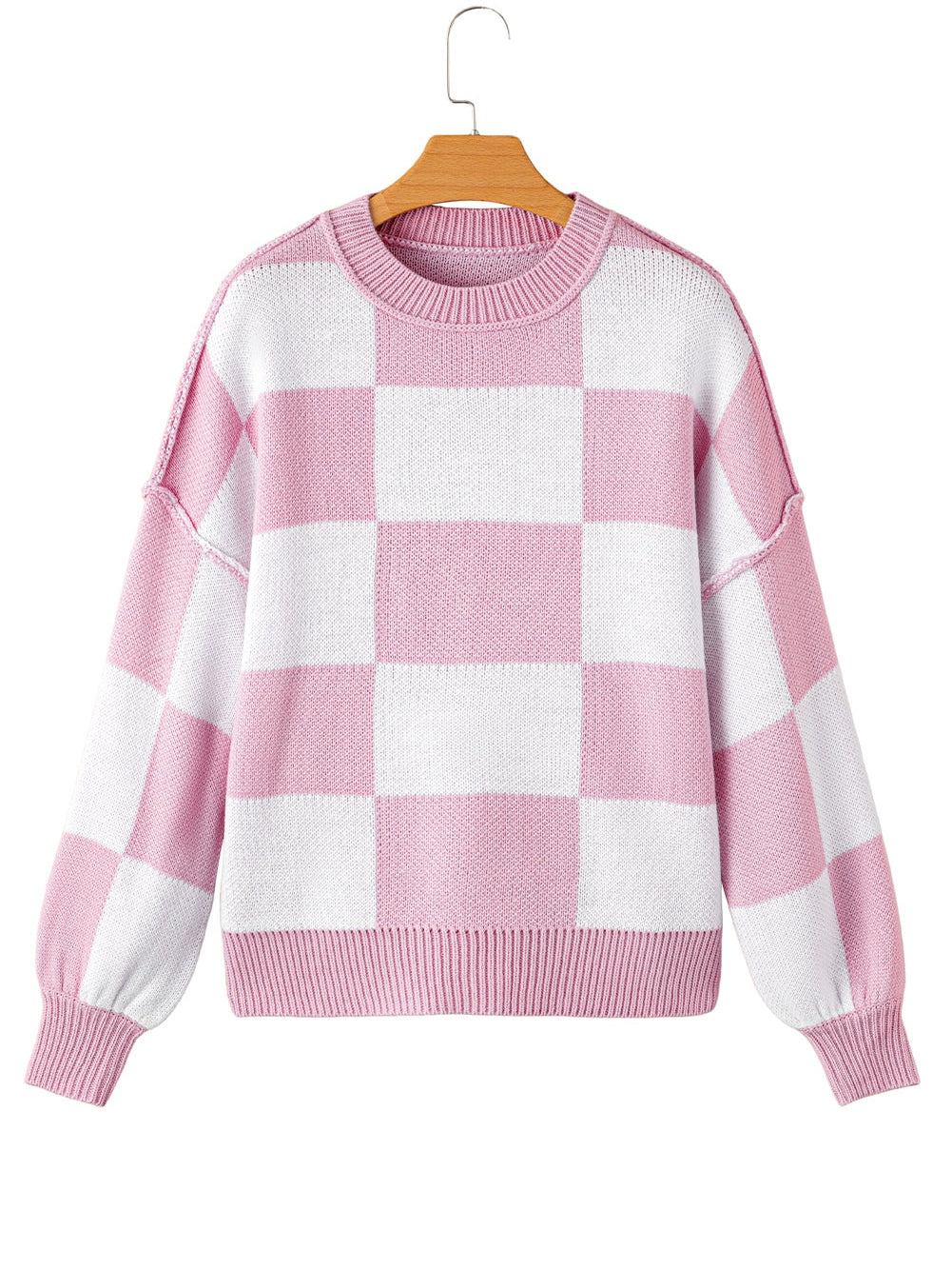 Elegant Pink Plaid Bishop Sleeve Knit Sweater