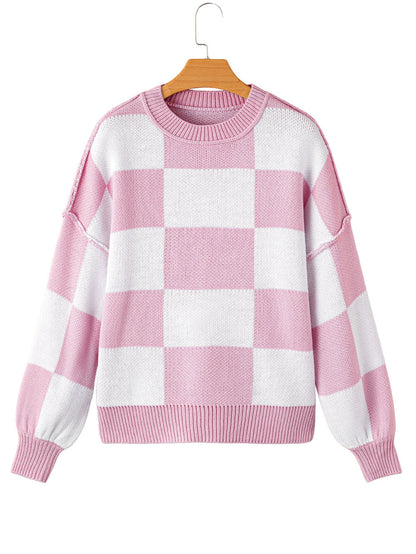 Elegant Pink Plaid Bishop Sleeve Knit Sweater