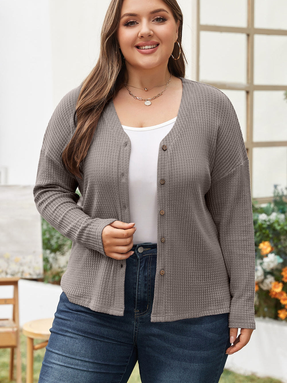 Simply Taupe Waffle Knit Drop Shoulder Button V Neck Plus Size Top