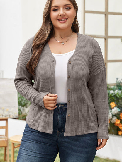 Simply Taupe Waffle Knit Drop Shoulder Button V Neck Plus Size Top